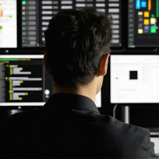 Professional analyzing cybersecurity data on multiple screens in a modern office