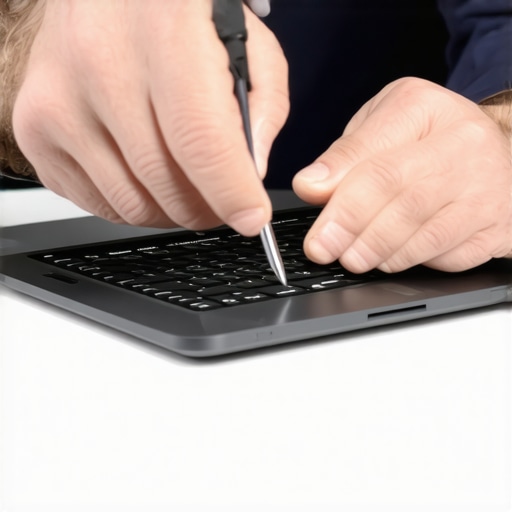 Technician replacing laptop screen with tools