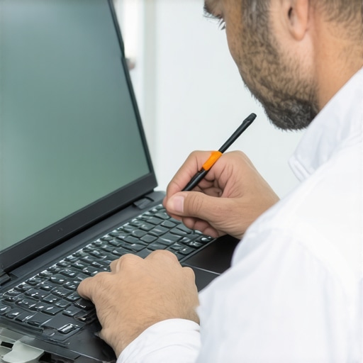 Technician carefully installing a reinforced laptop screen with professional tools.