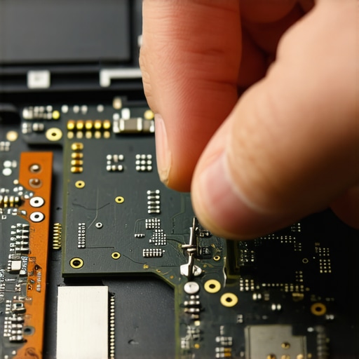Close-up of tweezers and pry tools carefully working on a laptop flex cable