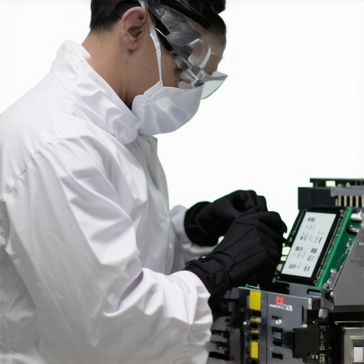 Technician performing data recovery with specialized hardware in a cleanroom