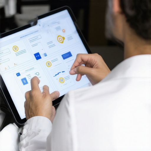 A cybersecurity expert reviewing diagrams of layered security systems on a tablet