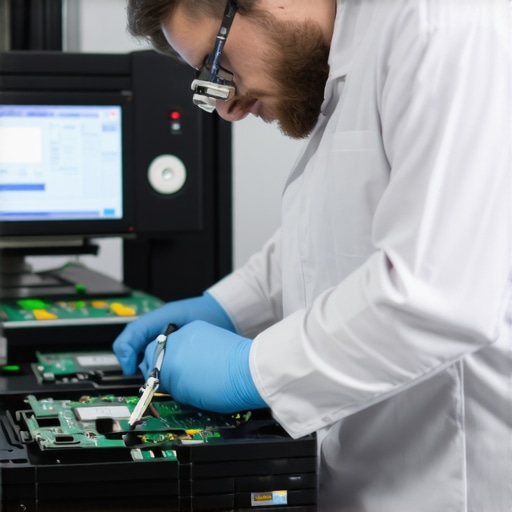 Technician using specialized tools for data recovery in a lab environment