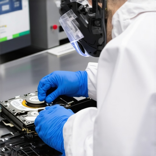 Technician performing data recovery from damaged hard drive in a cleanroom