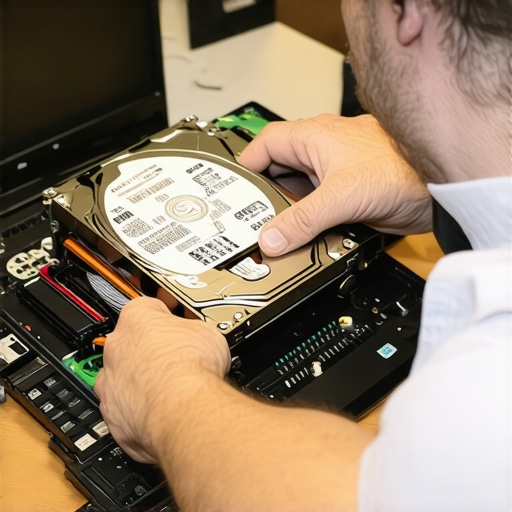 Technician using specialized tools for data recovery from damaged hard drive.