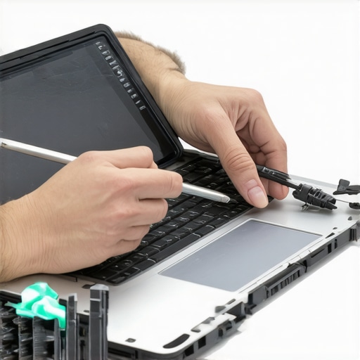 Technician replacing laptop screen with precision tools
