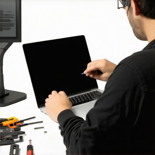 Expert Laptop Screen Replacement Technician replacing a laptop screen with precision tools in a professional setting.