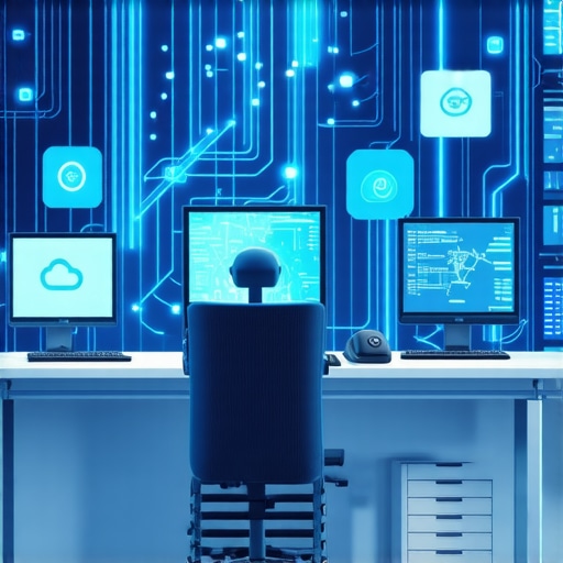Future-Proof IT Infrastructure Futuristic office with AI and cloud technology integration.