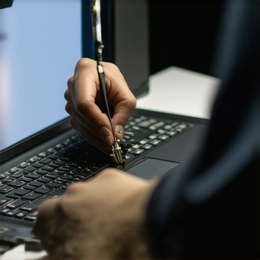 Technician carefully replacing a laptop screen with specialized tools.