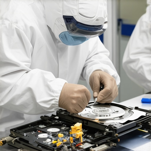 Technician performing data recovery in a cleanroom with specialized tools