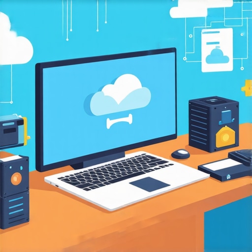 Person recovering data using software with backup drives and cloud storage icons.