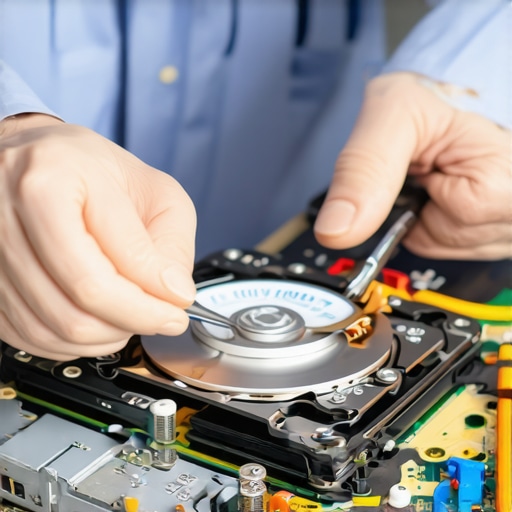 Technician repairing or inspecting a hard drive for data recovery.