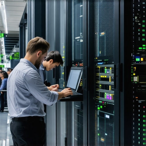 IT professionals monitoring servers and cybersecurity systems in an office.