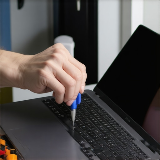 Person replacing a laptop screen with tools on a workspace.