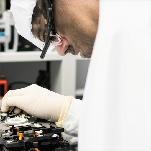 Technician repairing or recovering data from a hard drive in a lab setting.