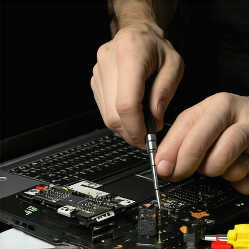Technician repairing a laptop using specialized tools for maintenance and repair.
