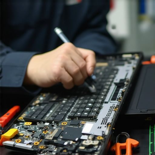 Technician analyzing laptop hardware and software diagnostics