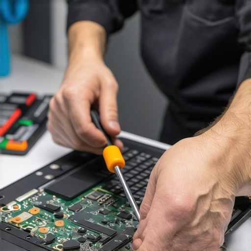 Technician repairing a laptop with internal components visible