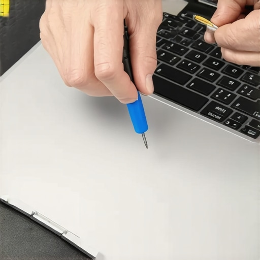 Technician carefully repairing a laptop screen using tools in a clean workspace.