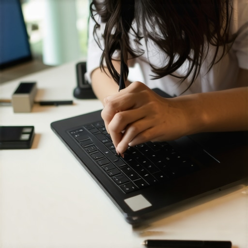 Person replacing a laptop screen using screwdrivers and prying tools in a clean workspace.
