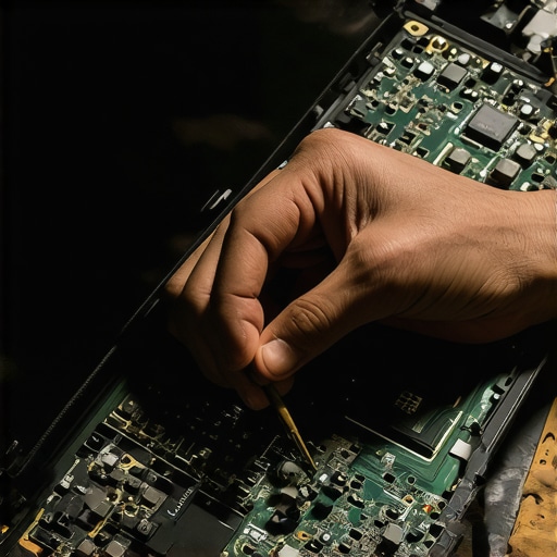 Technician repairing a laptop motherboard with precision tools in a professional workshop