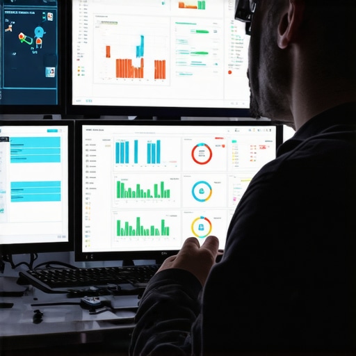 Technician monitoring multiple screens with system health dashboards, illustrating proactive IT management.
