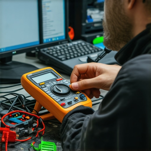 Technician inspecting computer components with multimeter and diagnostic tools in a workshop setting