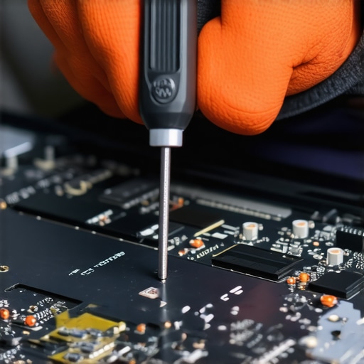 Technician handling laptop components with precision tools and anti-static wrist strap