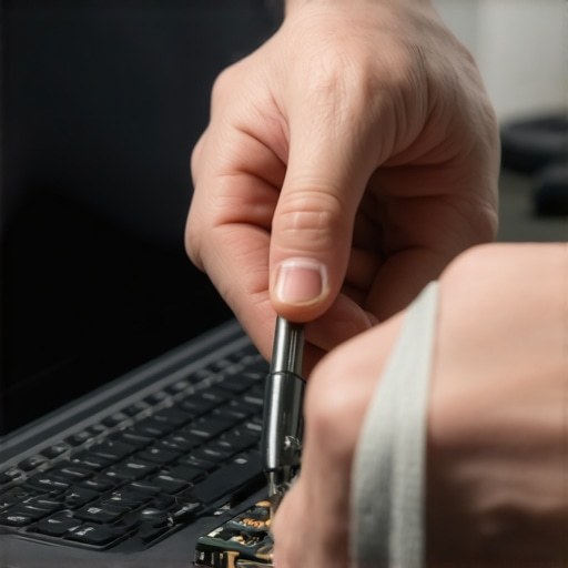 Technician carefully repairing a laptop with proper tools and static precautions