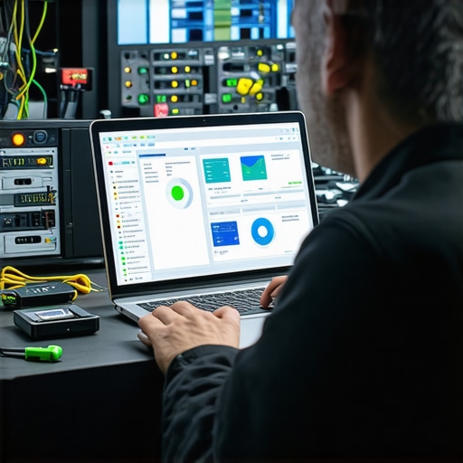 Technician with hardware tools and software dashboards performing IT maintenance.