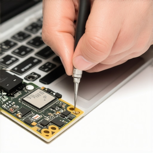 Technician wearing anti-static wrist strap repairing a laptop motherboard.