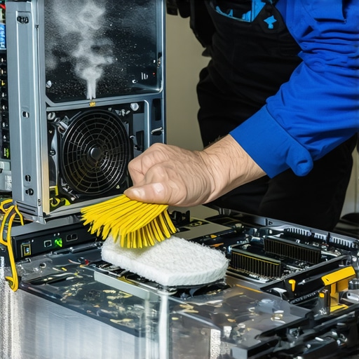 Technician cleaning computer components with air duster and brushes.