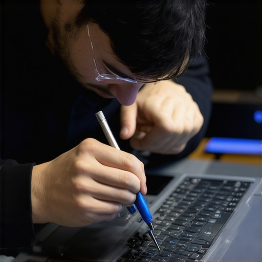 Technician repairing a laptop screen with precision tools