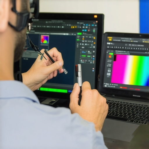 Technician calibrating a laptop screen with specialized hardware for color accuracy.