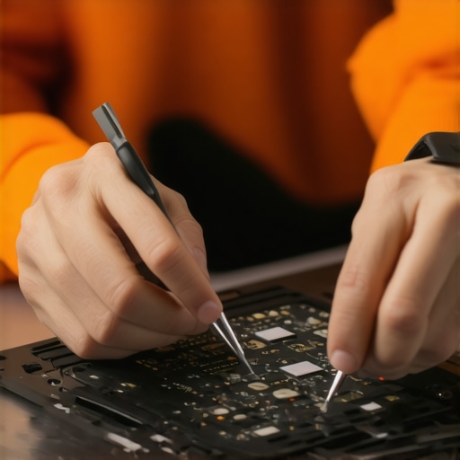 Person replacing a laptop screen with precision tools in a clean workspace.