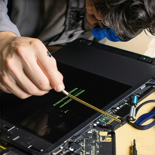 Technician carefully replacing a Micro-LED display in a laptop