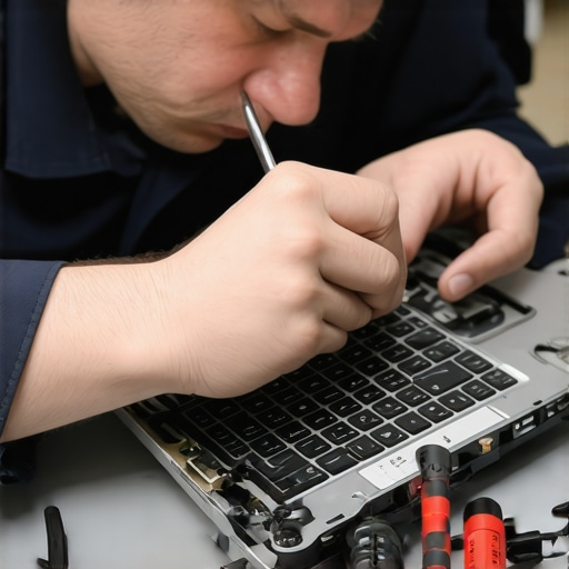Tech replacing a laptop screen during repair