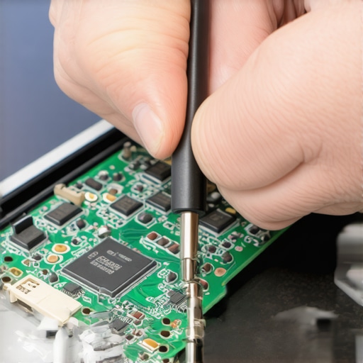  Technician performing hardware diagnostics on a laptop motherboard.