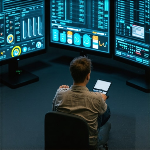 Technician analyzing system health with diagnostic software on laptop screens.