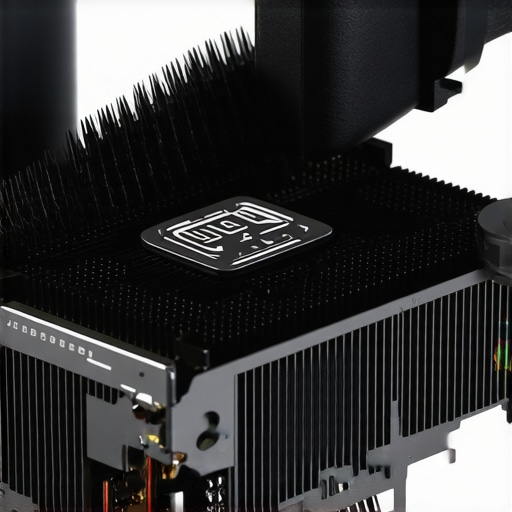 Technician cleaning a GPU heat sink with compressed air and brush, fins visible.