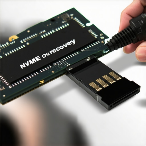 Technician carefully attaching SSD to a recovery setup to salvage data after damage.