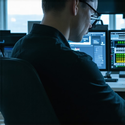 IT technician performing network security check in office setting.