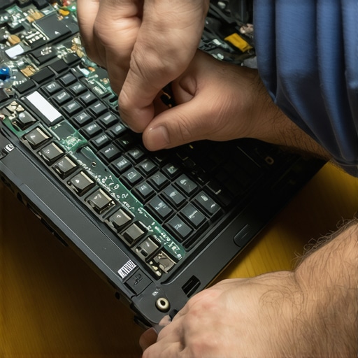 Technician checking internal display cable connection in a laptop repair process
