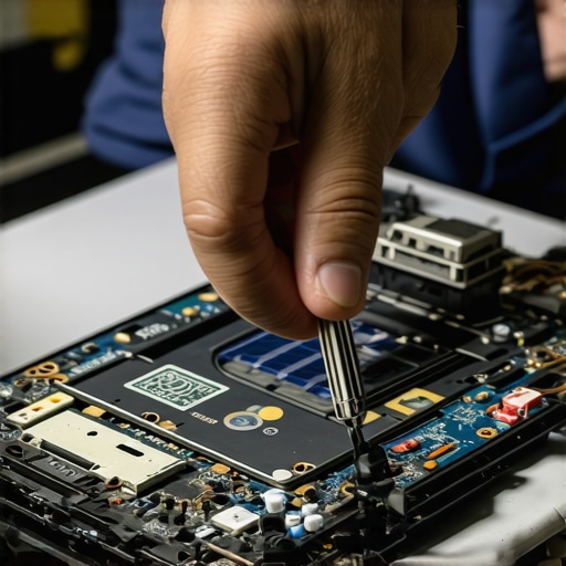 Technician checking laptop's display cable connection during repair.
