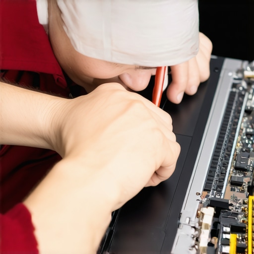 Technician inspecting internal connection cables inside a laptop during repair process