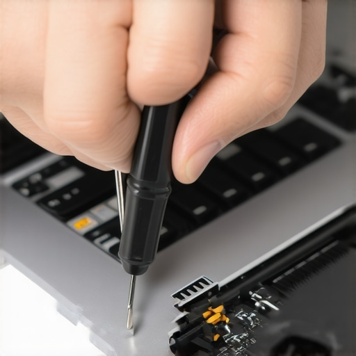 Technician repairing a laptop with precision tools and anti-static equipment