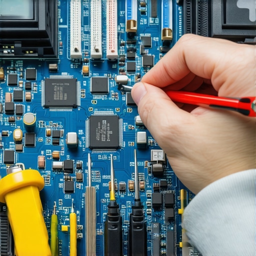 Technician using precision screwdriver on computer motherboard with diagnostic tools