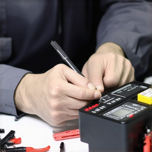 Technician analyzing hardware components with multimeter and diagnostic software.