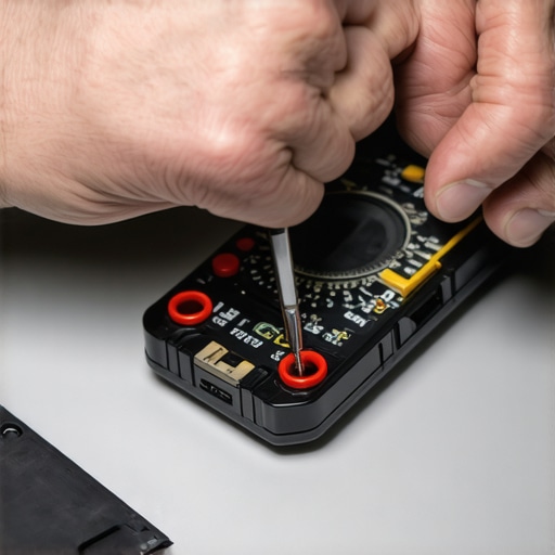 Close-up of technician using multimeter and screwdriver for laptop repair, highlighting maintenance tools.