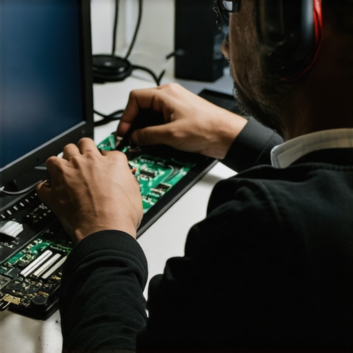 Technician inspecting internal components of a laptop for faults